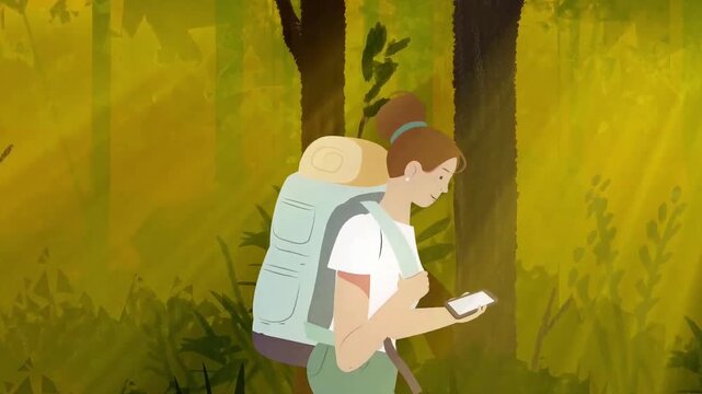Young female hiker walking through lush forest while checking digital map on smartphone in this smooth motion animation video footage