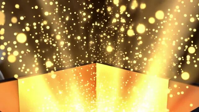 Golden glowing gift box with magic light particles. Sparkling surprise box opening with bright rays. Festive celebration background for holidays.