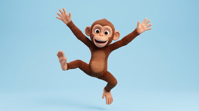 Cheerful 3D monkey character jumping, happy brown chimpanzee mascot on blue background, playful cartoon primate for kids education