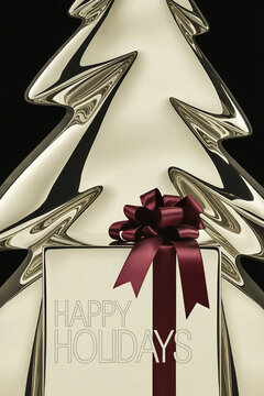 Happy Holidays! Luxury minimalist holiday gift box with burgundy satin ribbon and metallic Christmas tree. Art Deco-inspired festive design with reflective surfaces.