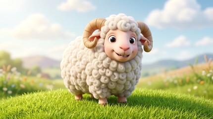 Fototapeta premium Cute 3D ram character in sunny meadow, fluffy white sheep with curved horns, adorable farm animal in green pasture landscape