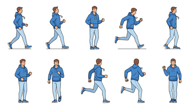 Male runner character set displays a young man in a blue hoodie jogging and running in a sequence of athletic poses.