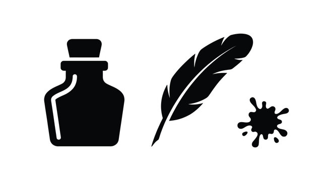 Ink bottle quill pen and ink blot presented as a black silhouette