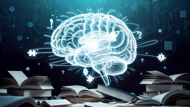 Human brain hologram floating above open books in dark library. Concept of artificial intelligence and machine learning. Static wide shot.