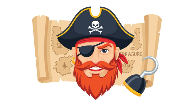 Pirate captain with a red beard, an eyepatch, and a traditional hat stands in front of a treasure map and a hook.