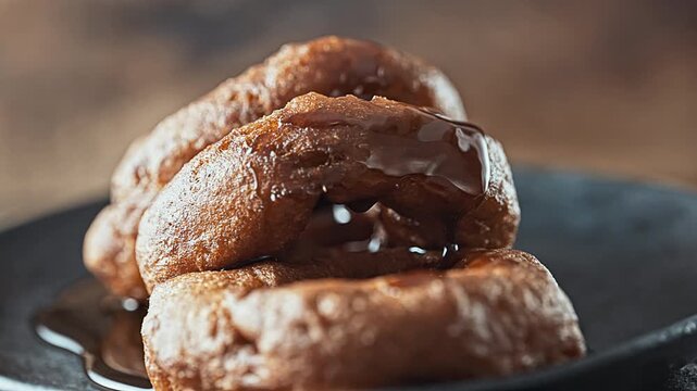 Traditional Peruvian picarones with sweet chancaca syrup drizzle.
