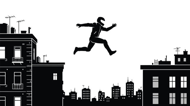 Parkour stuntman jumping across city rooftops vector graphic illustration silhouette design