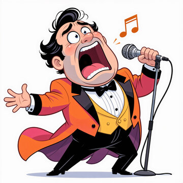 A cartoon illustration depicts a horrified mature singer with a gigantic mouth opening wide in a comical expression of shock and vocal strain on a light background.