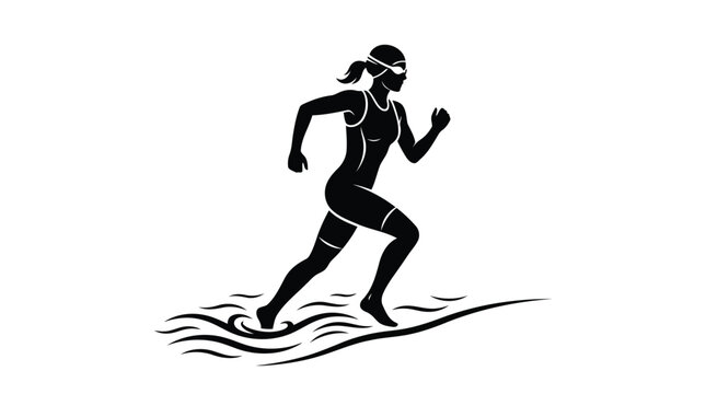 Female triathlete running through water during endurance race vector sports illustration