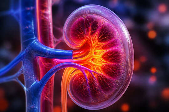A detailed, vibrant illustration of a human kidney with blood vessels supplying it in a microscopic or anatomical setting.
