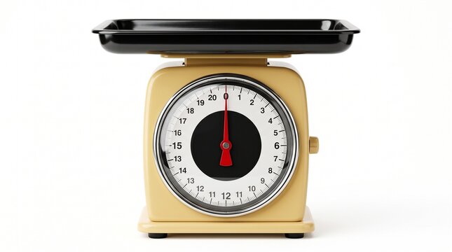 Vintage style kitchen scale featuring yellow metal casing and black tray displayed on white background
