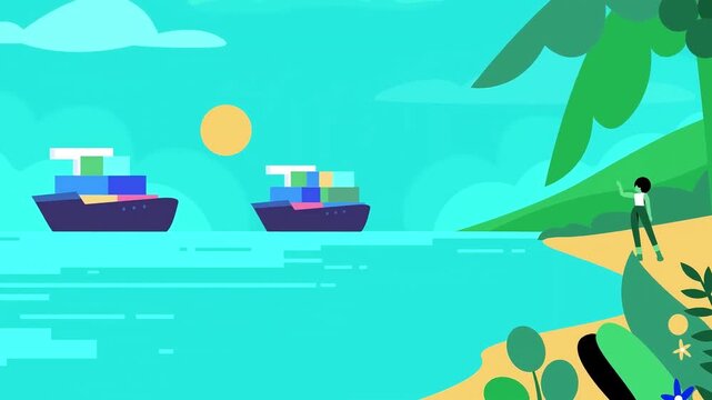 Animated flat vector motion footage showing cargo ships sailing near a tropical beach while a person waves from the shore