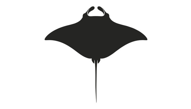 Minimalist black silhouette of a manta ray from a top-down perspective, showcasing its wide pectoral fins and long slender tail.