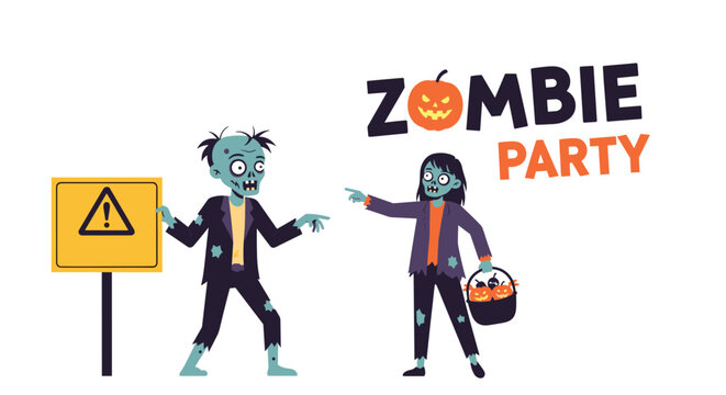 Fun zombie party illustration features two green zombies near a warning sign and a bucket full of carved pumpkins.