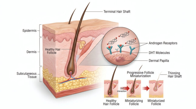 DHT hormone binding to hair follicle receptors causing miniaturization and hair loss