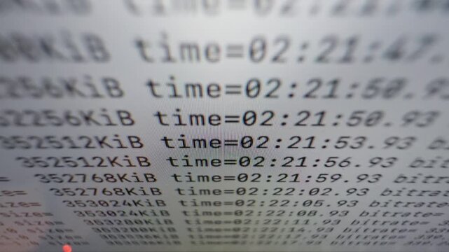 Computer screen displays rapidly updating technical information with changing time values and numerical data, illustrating automated processing, digital workflows and information technology.