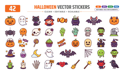 Fototapeta premium Cute Halloween Vector Stickers Set – Kawaii Pumpkin, Ghost, Bat, Witch & Spooky Icons.