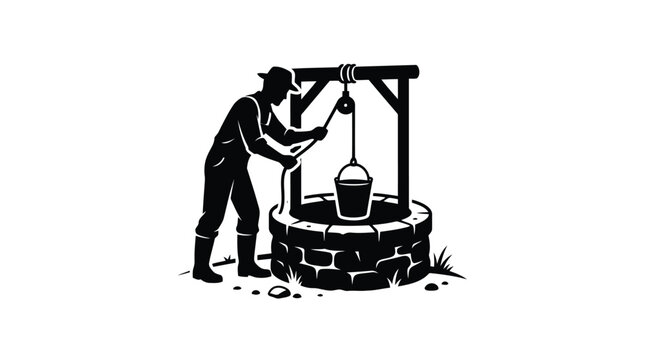 Farmer drawing water from old stone water well vector illustration