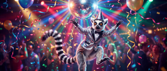 Obraz premium Ring-tailed Lemur in Silver Sequin Tuxedo Dancing at Nightclub Party with Disco Ball and Colorful Lights, Photorealistic Stock Photo