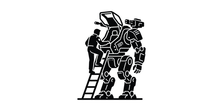 A technician performing maintenance on a large robotic mech suit.