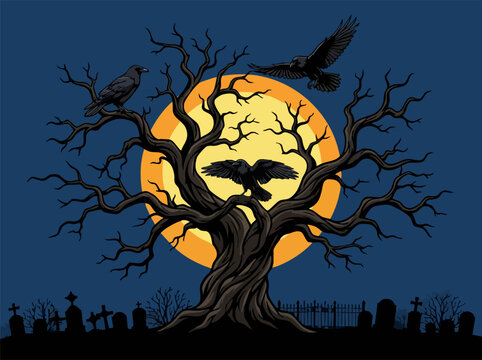 Haunting Moonlit Tree with Crows Flying