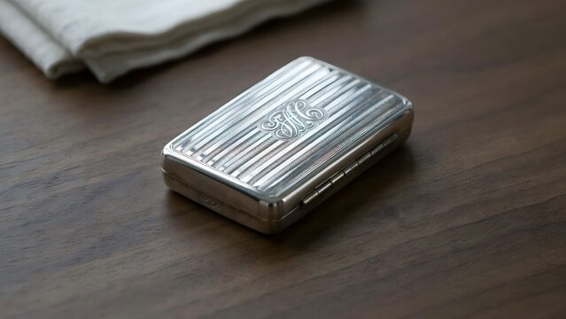 Elegant vintage silver cigarette case with monogram on polished surface