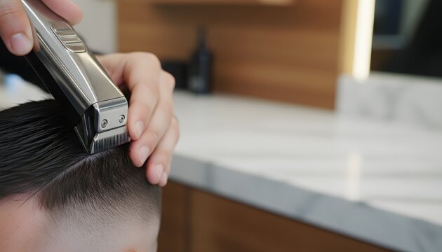 Professional hair stylist shaping undercut hairstyle on male client using electric trimmer in modern barbershop for men grooming and personal hygiene concept