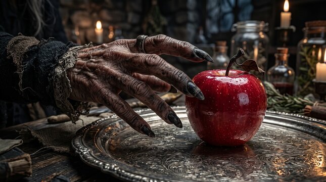 Witch hand reaching for a poisoned red apple in a dark dungeon
