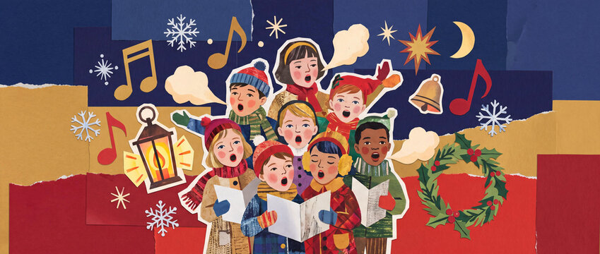 Ukrainian Children Choir Singing Christmas Carols, Paper Cutout Style Winter Holiday Illustration with Lantern and Snowflakes