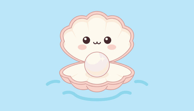 Adorable cartoon character of an open clam shell with a shiny pearl inside resting in water for ocean and fantasy themed illustrations.