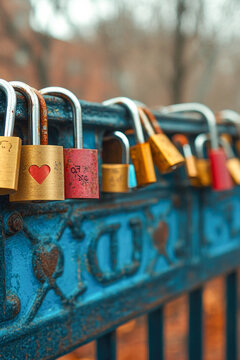A row of locks attached to a blue fence, often used as a symbol of love or commitment. vertical frame