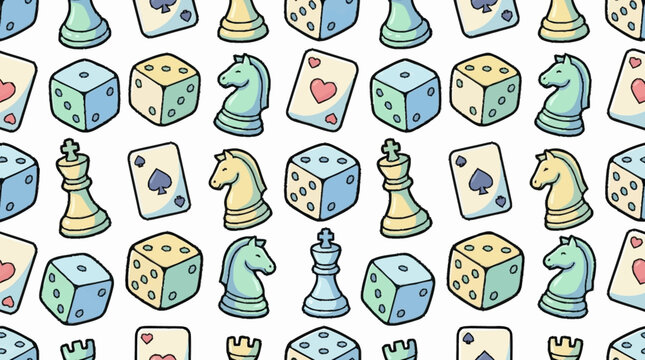 A seamless pattern featuring colorful playing cards, dice, and chess pieces