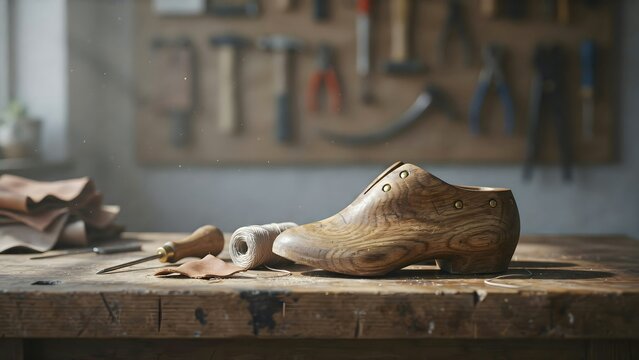 Traditional wooden shoe last with carving tools in a craft workshop scene