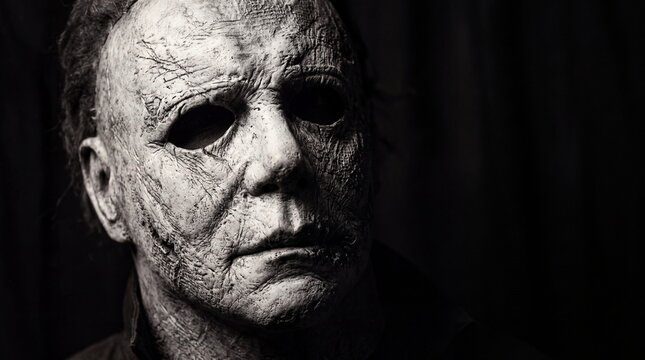 A close up view of a distressed white human face mask against a black background with shown close portrait mask deep texture