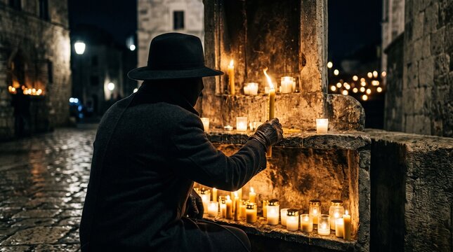 Man in hat lighting a candle at stone street shrine at night