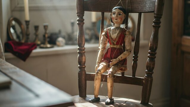 Vintage Wooden Puppet Doll Sitting on Rustic Wooden Chair in Cozy Interior