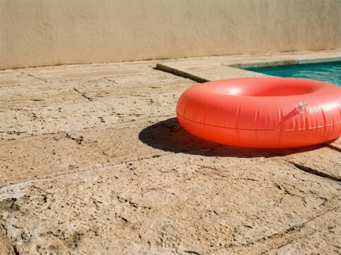 Poolside swim ring on sunlit stone deck for summer leisure