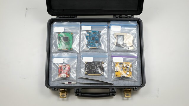 Electronic components kit with various printed circuit boards and accessories in a protective carry case
