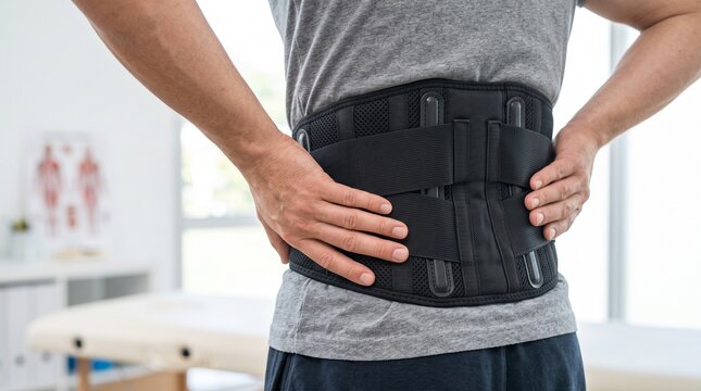 Man wearing orthopedic lumbar support belt for lower back pain relief in clinic