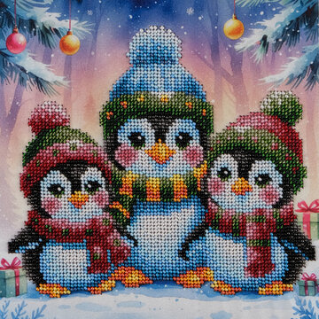 Colorful bead embroidery depicts three cute penguins wearing warm hats and scarves in a snowy Christmas setting with ornaments and gifts, creating cheerful holiday artwork.