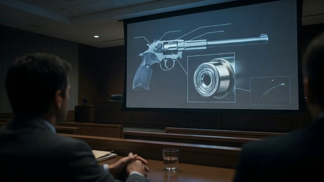 3D Gun Blueprint Illustration on Large Screen in Presentation Room