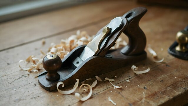 Traditional woodworking hand plane tool on rustic wooden surface for carpentry projects