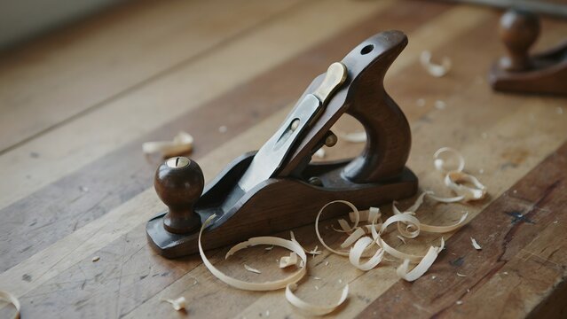 Classic wooden hand plane tool on woodworking shop floor with wood shavings