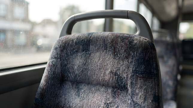 Empty bus seat with textured fabric upholstery inside a public transport vehicle