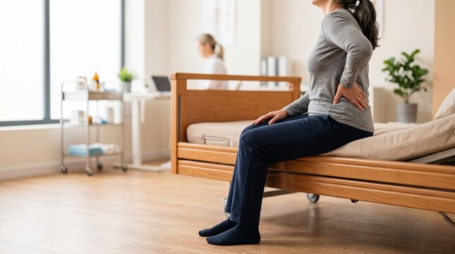 Mature woman sitting on hospital bed holding lower back due to pain