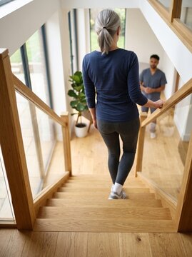 Mature woman walking down wooden staircase in modern home interior