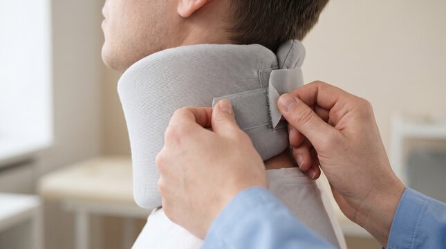 Medical professional applying cervical collar around patient neck in clinic