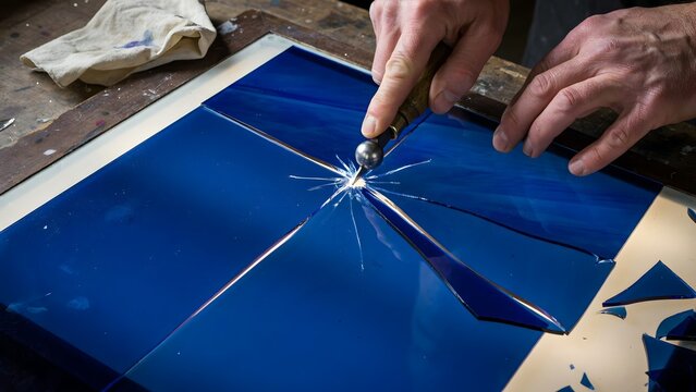 Craftsman Gluing Broken Blue Glass Panel Using Hotfix Hand Tool