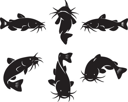 Set of various catfish swimming in different poses presented as a minimalist black and white silhouette
