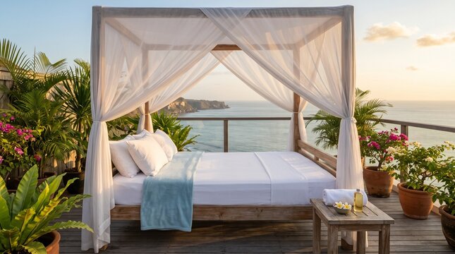 Luxury outdoor canopy bed on a resort deck with ocean view.